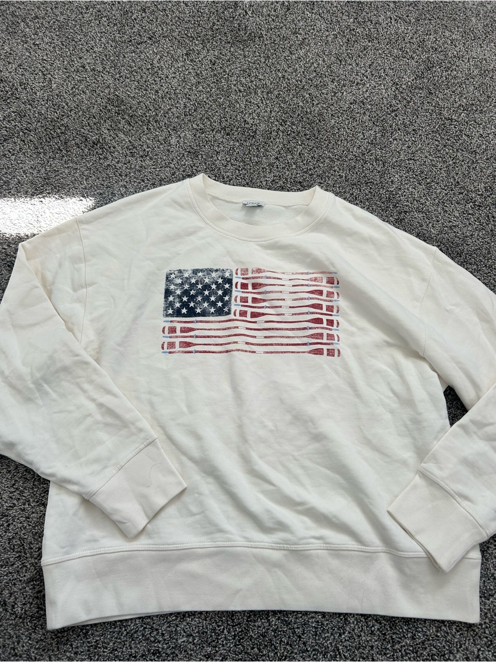 J. Crew Factory Cream Crewneck Sweatshirt with Distressed American Flag